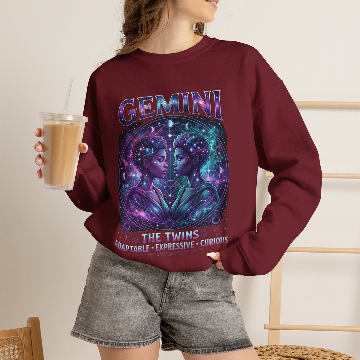 Gemini Zodiac Twins Crewneck Sweatshirt | Astrology Starry Illustration